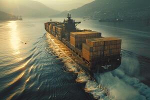 A large cargo ship is sailing through the ocean with the sun setting in the background. The ship is the main focus of the image, and the sun's reflection on the water creates a serene photo