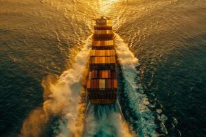 A large cargo ship is sailing through the ocean with the sun setting in the background. The ship is the main focus of the image, and the sun's reflection on the water creates a serene photo