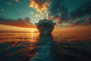 A large cruise ship is sailing in the ocean with a beautiful sunset in the background. The ship is surrounded by waves and the sky is filled with clouds. Concept of adventure and photo