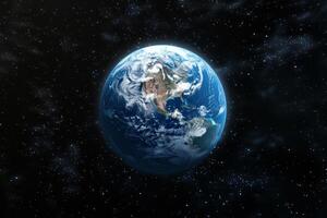 A view of the Earth from space, with a bright blue planet surrounded by a dark sky. The stars are scattered throughout the sky, creating a sense of vastness and wonder photo