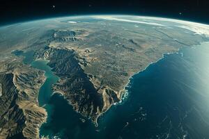 A view of the Earth from space, with a bright blue planet surrounded by a dark sky. The stars are scattered throughout the sky, creating a sense of vastness and wonder photo