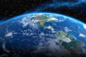 A view of the Earth from space, with a bright blue planet surrounded by a dark sky. The stars are scattered throughout the sky, creating a sense of vastness and wonder photo