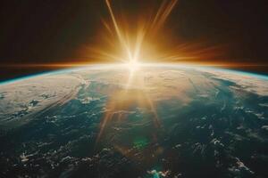 A view of the Earth from space, with a bright blue planet surrounded by a dark sky. The stars are scattered throughout the sky, creating a sense of vastness and wonder photo