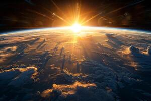 A view of the Earth from space, with a bright blue planet surrounded by a dark sky. The stars are scattered throughout the sky, creating a sense of vastness and wonder photo