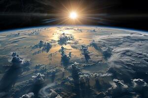 A view of the Earth from space, with a bright blue planet surrounded by a dark sky. The stars are scattered throughout the sky, creating a sense of vastness and wonder photo