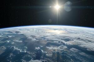 A view of the Earth from space, with a bright blue planet surrounded by a dark sky. The stars are scattered throughout the sky, creating a sense of vastness and wonder photo