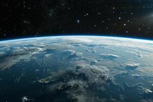 A view of the Earth from space, with a bright blue planet surrounded by a dark sky. The stars are scattered throughout the sky, creating a sense of vastness and wonder photo