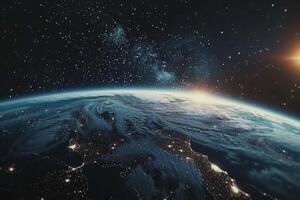 A view of the Earth from space, with a bright blue planet surrounded by a dark sky. The stars are scattered throughout the sky, creating a sense of vastness and wonder photo