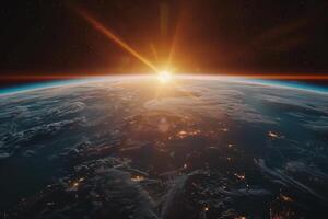 A view of the Earth from space, with a bright blue planet surrounded by a dark sky. The stars are scattered throughout the sky, creating a sense of vastness and wonder photo