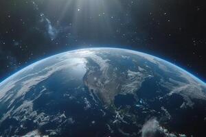 A view of the Earth from space, with a bright blue planet surrounded by a dark sky. The stars are scattered throughout the sky, creating a sense of vastness and wonder photo
