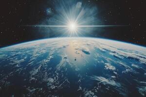 A view of the Earth from space, with a bright blue planet surrounded by a dark sky. The stars are scattered throughout the sky, creating a sense of vastness and wonder photo