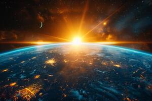 A view of the Earth from space, with a bright blue planet surrounded by a dark sky. The stars are scattered throughout the sky, creating a sense of vastness and wonder photo