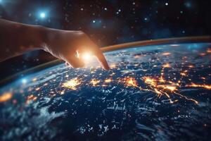 A view of the Earth from space, with a bright blue planet surrounded by a dark sky. The stars are scattered throughout the sky, creating a sense of vastness and wonder photo