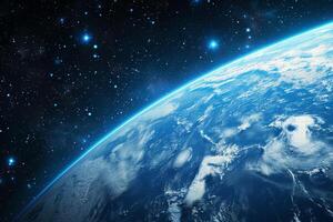 A view of the Earth from space, with a bright blue planet surrounded by a dark sky. The stars are scattered throughout the sky, creating a sense of vastness and wonder photo