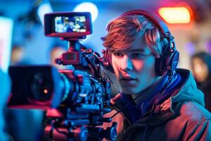 Journalist with camera and microphone taking interview recording filming news broadcast emergency stream asking questions television tv reporter press conference communication engagement photo