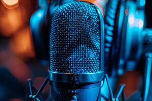 Professional microphone studio podcast stream interview platform radio with micrecording voice singing in bright record studio audio quality equipment content music media entertainment photo