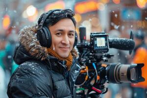 Journalist with camera and microphone taking interview recording filming news broadcast emergency stream asking questions television tv reporter press conference communication engagement photo