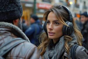 Journalist with camera and microphone taking interview recording filming news broadcast emergency stream asking questions television tv reporter press conference communication engagement photo