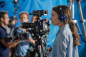 Journalist with camera and microphone taking interview recording filming news broadcast emergency stream asking questions television tv reporter press conference communication engagement photo