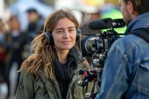 Journalist with camera and microphone taking interview recording filming news broadcast emergency stream asking questions television tv reporter press conference communication engagement photo
