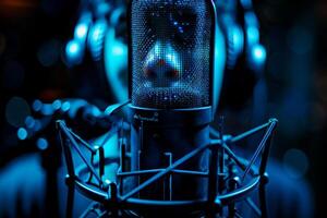 Professional microphone studio podcast stream interview platform radio with micrecording voice singing in bright record studio audio quality equipment content music media entertainment photo