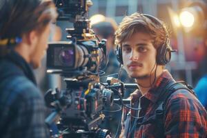 Journalist with camera and microphone taking interview recording filming news broadcast emergency stream asking questions television tv reporter press conference communication engagement photo