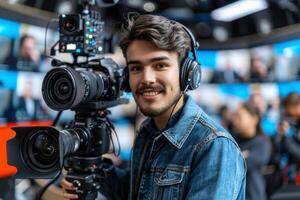 Journalist with camera and microphone taking interview recording filming news broadcast emergency stream asking questions television tv reporter press conference communication engagement photo