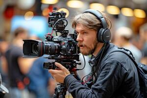 Journalist with camera and microphone taking interview recording filming news broadcast emergency stream asking questions television tv reporter press conference communication engagement photo