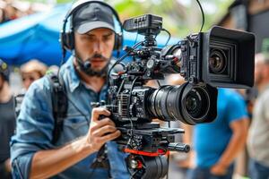 Journalist with camera and microphone taking interview recording filming news broadcast emergency stream asking questions television tv reporter press conference communication engagement photo