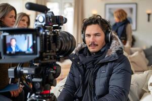 Journalist with camera and microphone taking interview recording filming news broadcast emergency stream asking questions television tv reporter press conference communication engagement photo