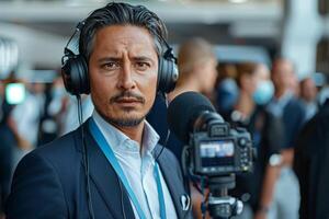 Journalist with camera and microphone taking interview recording filming news broadcast emergency stream asking questions television tv reporter press conference communication engagement photo