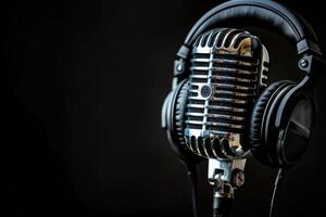 Professional microphone studio podcast stream interview platform radio with micrecording voice singing in bright record studio audio quality equipment content music media entertainment photo