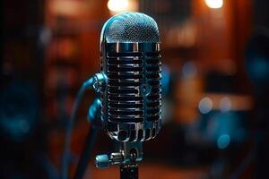 Professional microphone studio podcast stream interview platform radio with micrecording voice singing in bright record studio audio quality equipment content music media entertainment photo