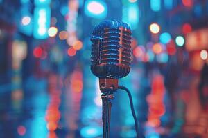 Professional microphone studio podcast stream interview platform radio with micrecording voice singing in bright record studio audio quality equipment content music media entertainment photo