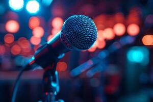 Professional microphone studio podcast stream interview platform radio with micrecording voice singing in bright record studio audio quality equipment content music media entertainment photo