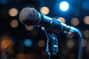 Professional microphone studio podcast stream interview platform radio with micrecording voice singing in bright record studio audio quality equipment content music media entertainment photo