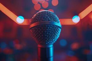 Professional microphone studio podcast stream interview platform radio with micrecording voice singing in bright record studio audio quality equipment content music media entertainment photo