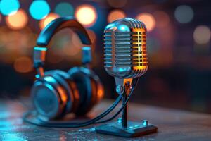 Professional microphone studio podcast stream interview platform radio with micrecording voice singing in bright record studio audio quality equipment content music media entertainment photo