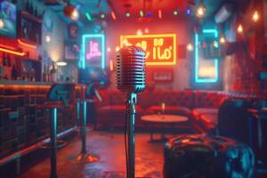 Professional microphone studio podcast stream interview platform radio with micrecording voice singing in bright record studio audio quality equipment content music media entertainment photo