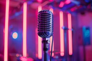 Professional microphone studio podcast stream interview platform radio with micrecording voice singing in bright record studio audio quality equipment content music media entertainment photo