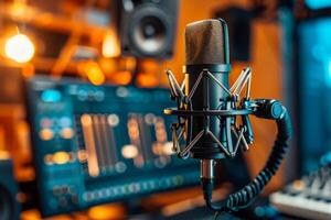 Professional microphone studio podcast stream interview platform radio with micrecording voice singing in bright record studio audio quality equipment content music media entertainment photo