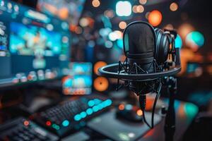 Professional microphone studio podcast stream interview platform radio with micrecording voice singing in bright record studio audio quality equipment content music media entertainment photo
