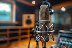 Professional microphone studio podcast stream interview platform radio with micrecording voice singing in bright record studio audio quality equipment content music media entertainment photo