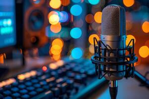 Professional microphone studio podcast stream interview platform radio with micrecording voice singing in bright record studio audio quality equipment content music media entertainment photo