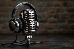 Professional microphone studio podcast stream interview platform radio with micrecording voice singing in bright record studio audio quality equipment content music media entertainment photo