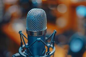 Professional microphone studio podcast stream interview platform radio with micrecording voice singing in bright record studio audio quality equipment content music media entertainment photo