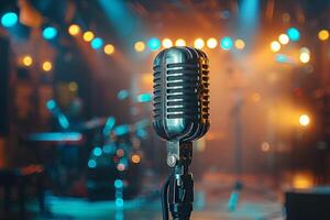 Professional microphone studio podcast stream interview platform radio with micrecording voice singing in bright record studio audio quality equipment content music media entertainment photo