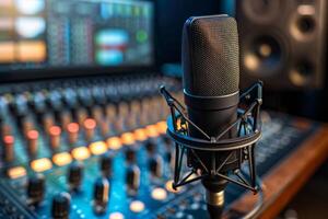 Professional microphone studio podcast stream interview platform radio with micrecording voice singing in bright record studio audio quality equipment content music media entertainment photo