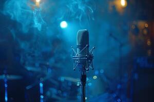 Professional microphone studio podcast stream interview platform radio with micrecording voice singing in bright record studio audio quality equipment content music media entertainment photo