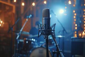 Professional microphone studio podcast stream interview platform radio with micrecording voice singing in bright record studio audio quality equipment content music media entertainment photo